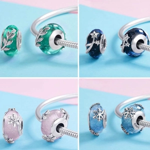 925 Sterlingsilber Muranoglas Perlen DIY Armband Herstellung Rosa Blume Grüne Blatt Blaue Stern Schneeflocke Charms Damen Schmuck