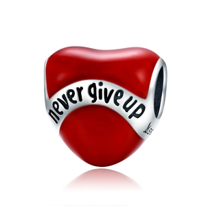 Charme de Coeur en Argent Sterling 925 Émail Rouge Perle Never Give Up Pendentif de Motivation pour Bracelet Collier DIY Bijoux Femme