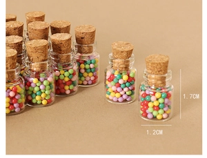 Miniature glass jars with cork stoppers and colorful beads for dollhouse DIY scenes