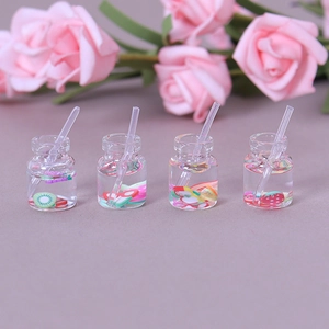 Miniature Simulation Fruit Juice Straw Bottles Glass Resin DIY Craft Supplies For Dollhouse Decoration Phone Case Accessories