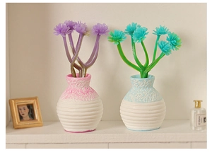 Miniature dollhouse flower vases set with purple and green floral models for decor