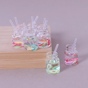 Miniature resin juice bottles with fruit slices and straws for DIY crafts and dollhouses