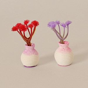 Miniature dollhouse decorative flower vases with artificial red and purple plants