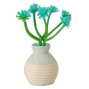 Miniature dollhouse blue floral ceramic vase model with artificial flowers for desk decor