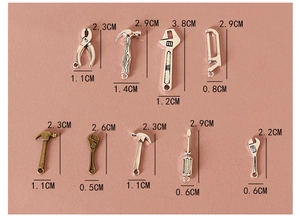 Miniature dollhouse alloy tool set including hammer and wrench with size measurements