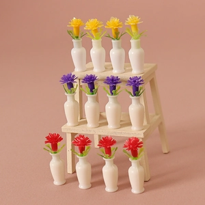 12-piece dollhouse miniature flower vases in white resin on a wooden tiered display stand