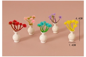 Miniature 4.4cm dollhouse flower pots with ceramic vases and colorful floral bouquets