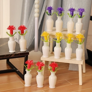 Miniature dollhouse flower vases with colorful resin plants for micro garden decoration