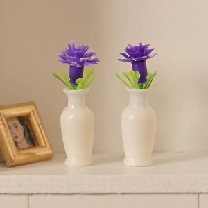 Miniature dollhouse flower vases with purple blossoms and matte white finish for home decor