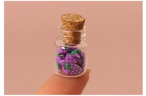 Macro view of miniature glass jar with cork stopper and purple grape fruit slices