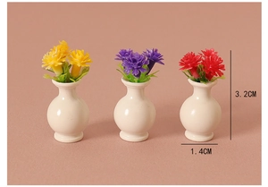 Detailed view of dollhouse miniature vases in white resin with colorful faux flowers