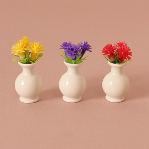 Three-piece miniature dollhouse flower vases set in yellow, purple and red for DIY decor