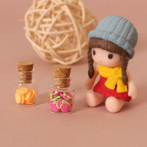 Miniature dollhouse glass jars with realistic fruit slices and natural cork stoppers