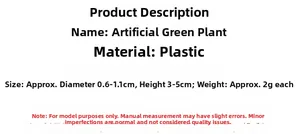 Detailed size specifications for dollhouse miniature plastic green plants with measurements