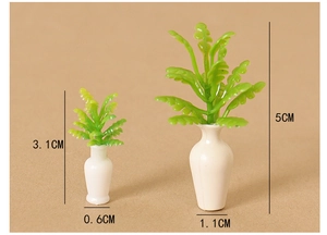 Miniature dollhouse green plants in white vases with specific height and diameter dimensions