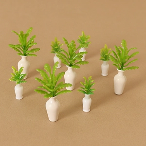 Miniature dollhouse plant set with white vases and green leaves for DIY desktop decor