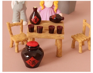 Miniature resin wine jar and cup set with wooden texture table and chairs for DIY
