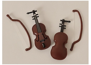 Detailed top view of miniature dollhouse violins with realistic wood texture and bows