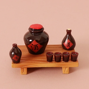 Miniature resin wine set with jars and cups on a wood-style base for DIY decoration