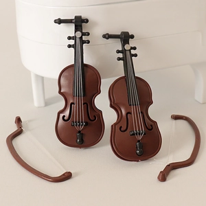 Miniature brown cello model with bow for dollhouse decoration and scene props