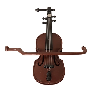 Miniature dollhouse cello model in dark brown finish with string details on white background