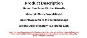 Detailed spec sheet for dollhouse miniature kitchen tools including plastic and wood items