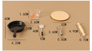Miniature dollhouse kitchen set with dimensions of frying pan, whisk and rolling pin