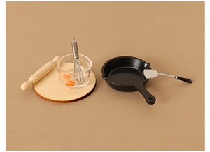 Miniature kitchen dollhouse tools set with rolling pin, egg beater, and frying pan details