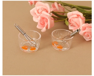 Miniature dollhouse kitchen set with resin egg bowls and stainless steel whisks