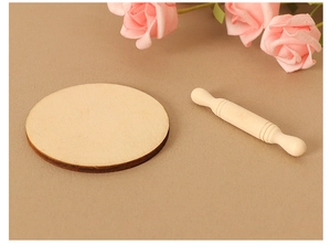 Miniature wooden rolling pin and round mat set for dollhouse kitchen scene decor