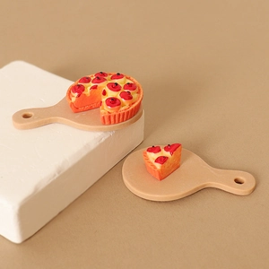 Miniature dollhouse cherry tart set on wooden style tray for desktop decoration