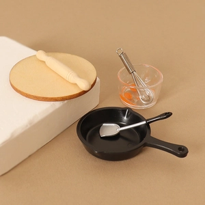 6-piece miniature dollhouse kitchen set with frying pan whisk and wooden cutting board
