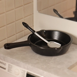 Miniature kitchen dollhouse set with black matte frying pan and silver spatula