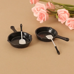 Miniature dollhouse kitchen set with black pans and silver spatulas for 1:12 scale decor