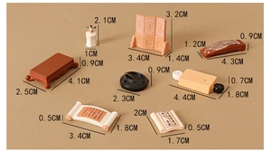 Miniature dollhouse set including classical screen, table, and zither with detailed dimensions
