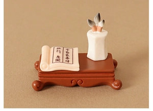 Miniature Chinese study set with resin scrolls, brush holder and wooden base