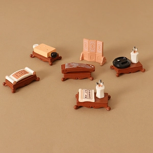 Miniature Chinese vintage style dollhouse set featuring resin zither and folding screen decor