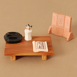 Miniature zen study room set with Chinese desk, calligraphy brushes and folding screen