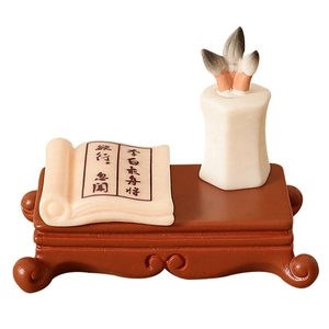 Miniature ancient Chinese desk set with scroll and brush holder on resin base