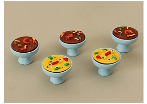 Miniature dollhouse hot pot bowls with shrimp and vegetables on light blue resin dishes