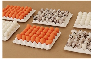 Miniature dollhouse egg set with orange and spotted eggs in a white plastic storage tray