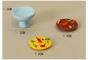 Detailed macro view of 1.5cm miniature dollhouse food resin models and blue high-foot bowl