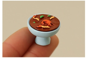 Miniature dollhouse bowl with shrimp and vegetables held on a fingertip for scale