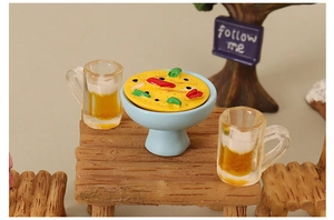 Miniature dollhouse scene with resin pizza, beer mugs, and wooden table for DIY decoration
