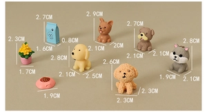 Miniature resin puppy figurines set with dog food and plants for dollhouse decor