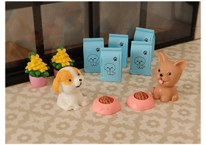 Miniature dollhouse scene with puppy figurines dog food bags and daisy flower pots