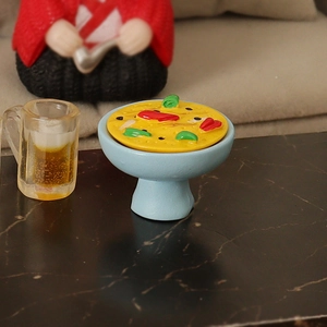 Miniature dollhouse food set with pizza on blue stand and tiny beer glass model