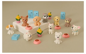 Detailed set of miniature dollhouse dog figurines with pet bowls and food accessories