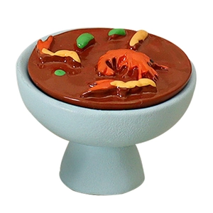 Miniature dollhouse seafood curry hot pot model with lobster in blue bowl for DIY home decor