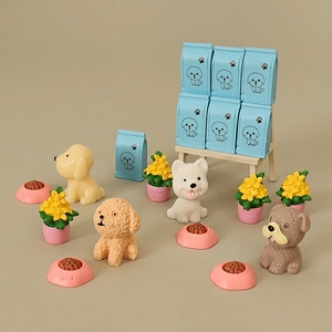 Miniature Resin Dog Figurine Set For Dollhouse Micro Landscape Decor Painted Puppy With Food Bag Bowl And Pot Plant Ornaments